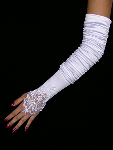 [Australia] - Venus Jewelry Women's 18" Beaded Shirred Fingerless Gloves One Size Ivory 