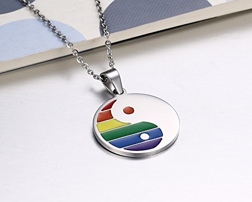 [Australia] - Stainless Steel Rainbow Round Yin Yang Pendant Necklace for Gay & Lesbian Pride, Free Chain 22 inch 