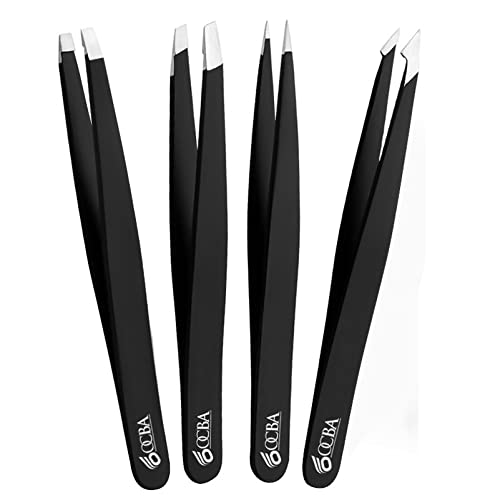 [Australia] - OCBA 4 Pcs Black Tweezers for Facial Hair Women & Men for Precise Grooming of Eyebrows - Professional Stainless Steel Black Color Coated Eyebrow Tweezers for Ingrown Hair on Nose Ear (Black) 