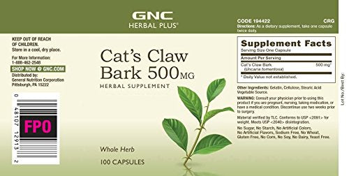 [Australia] - GNC Herbal Plus Cat's Claw Bark 500mg, 100 Capsules, Immune Support 