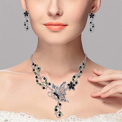 [Australia] - EleQueen Women's Austrian Crystal Butterfly Flower Leaf Necklace Earrings Sets Black 