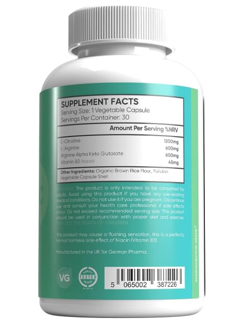 [Australia] - L-Arginine & Citrulline 1845mg Capsules | High Strength Dose | German Pharma | 90 Vegetable Capsules | Enhance Vascularity, Performance & Recovery | UK Manufactured | 100% Vegan | 