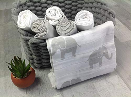 [Australia] - MuslinZ 6pk Baby Muslin Squares Burp Cloth 100% Cotton 70x70cm (Grey Elephant) Grey Elephant 