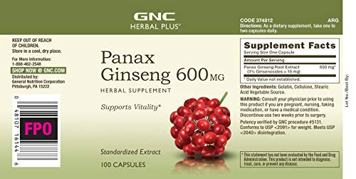 [Australia] - GNC Herbal Plus Panax Ginseng 600mg, 100 Capsules, Supports Vitality 