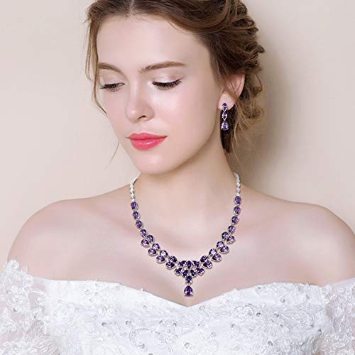 [Australia] - EleQueen Women's Bridal CZ Multi Teardrop Statement Necklaces Dangle Earrings Costume Jewerly Sets Amethyst 