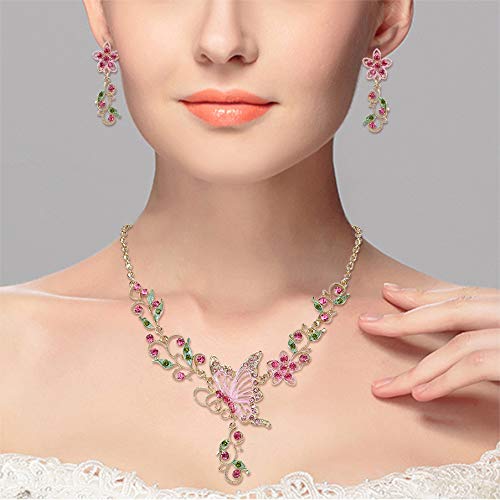[Australia] - EleQueen Women's Austrian Crystal Butterfly Flower Leaf Necklace Earrings Set Gold-Tone Pink 