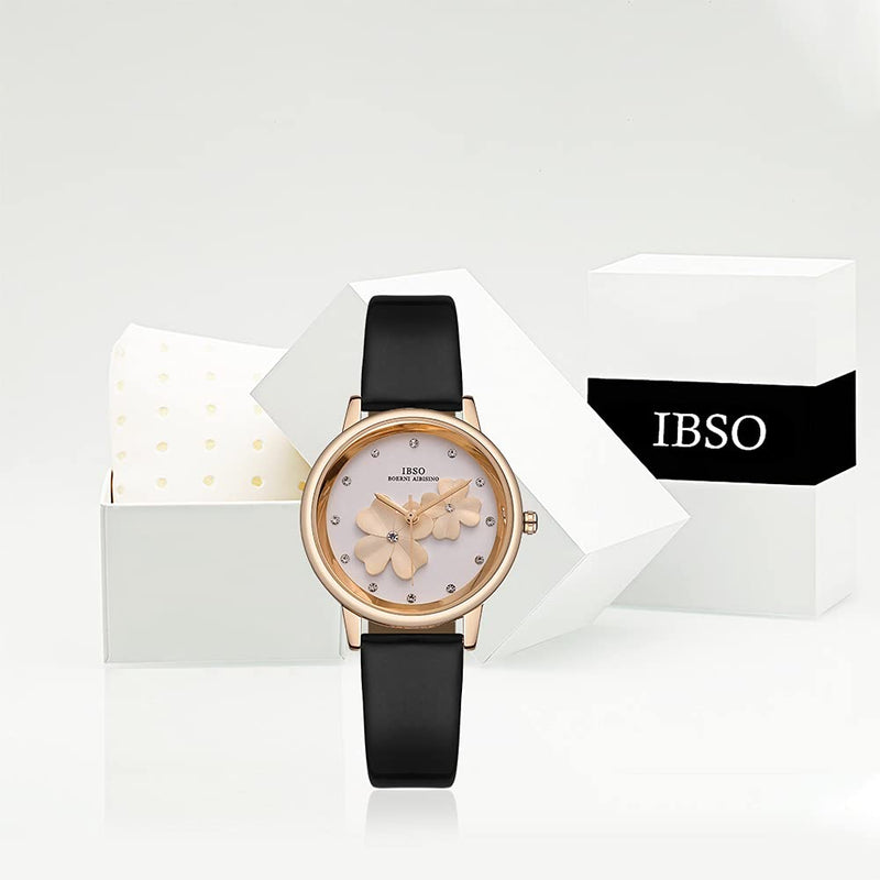 [Australia] - IBSO Watches for Women 4 Leaf Clover with 3D Design Dial Elegant Waterproof Quartz Wristwatch Montre Femme a Nice Gift 8806L Black 