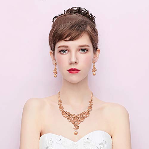 [Australia] - BriLove Wedding Jewelry Sets for Brides Rhinestone Crystal Teardrop Cluster Y-Shaped Neckalce Dangle Earrings 10-Peach Morganite Color Rose-Gold-Tone 