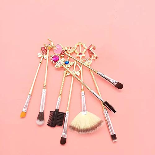 [Australia] - 8pcs Sailor Moon Gold Makeup Brush Set With Pink Pouch,Magical Girl Cute Cosmetic Makeup Brushes For Eyebrow Face Powder Foundation Blending Blush Concealer With Cute Pink Bag 