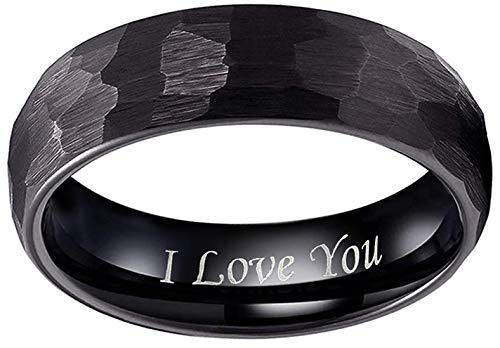 [Australia] - Crownal 6mm 8mm Black Hammered Tungsten Wedding Couple Bands Rings Men Women Matte Hammer Brushed Finish Engraved "I Love You" Size 5 To 17 Black Hammered 6mm 