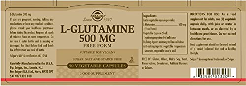 [Australia] - Solgar L-Glutamine 500 mg Vegetable Capsules - Pack of 50 - Fuel For Muscles - Supports An Active Healthy Lifestyle - Vegan and Gluten Free 
