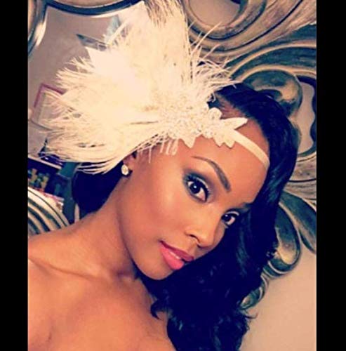 [Australia] - BABEYOND Women's Peacock Gatsby Party Wedding Headband with Ribbon Flapper Costumes Accessories Peacock Headband with Feather Apricot 