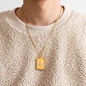 [Australia] - Fusamk Fashion Plated 18K Gold Buddha Dog Tag Pendant Guan Yin Necklace,22" Box Chain Plated Gold Guan Yin Dog Tag 