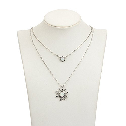 [Australia] - HUNO Double Chains Moon and Sun Layered Choker Necklace Sunflower Opal Pendant Necklace Gift for Women Silver Sun 