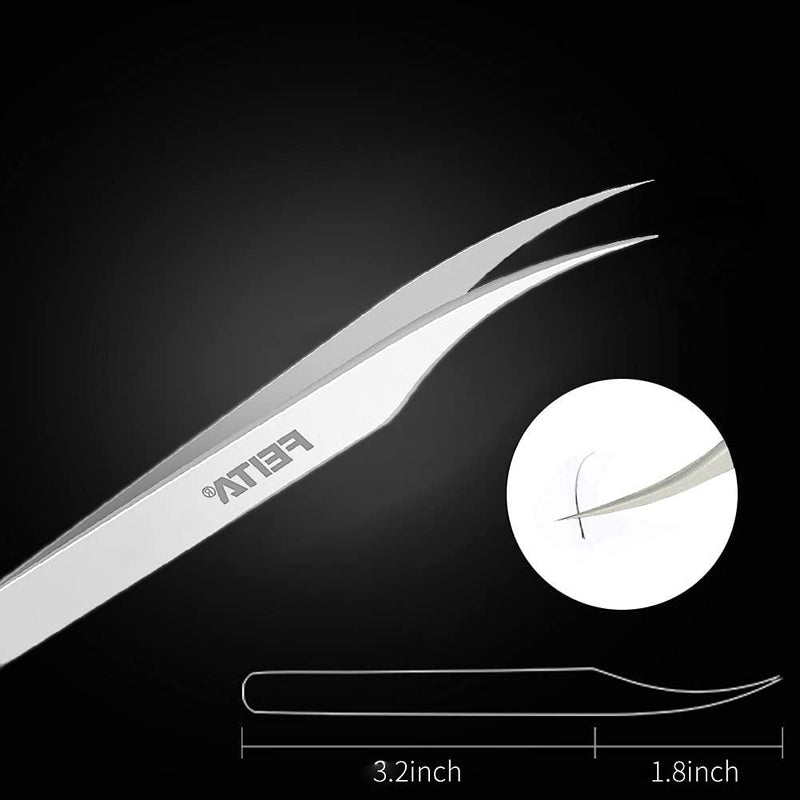 [Australia] - Volume Eyelash Extension Tweezers - FEITA Professional Stainless Steel Angled Curved Pointy Precision Tweezer Set for Single Lash, 3D-6D Volume Lashes, Hair Removal (2 Pcs) 