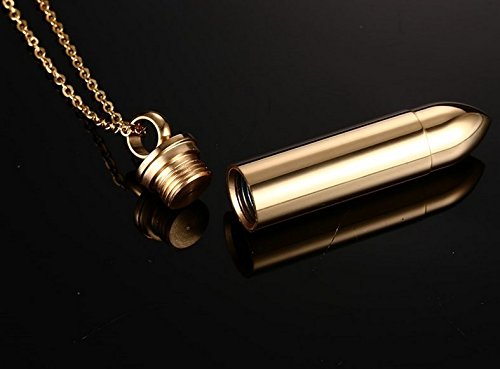 [Australia] - Stainless Steel Memorial Cremation Ash Urn Vial Tube Bullet Pendant Keepsake Necklace, Golden, Free Chain Gold 