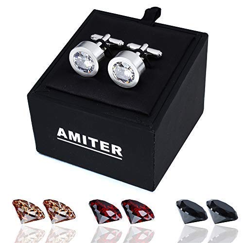 [Australia] - AMITER Removeable Crystal Cufflinks with Four Changeable Zircon Colors for Men's Wedding silver 