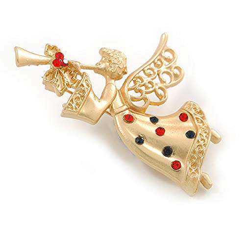 [Australia] - Avalaya Beautiful Guardian Angel Green/Red Crystal Brooch in Matte Gold Tone Xmas Christmas - 48mm L 