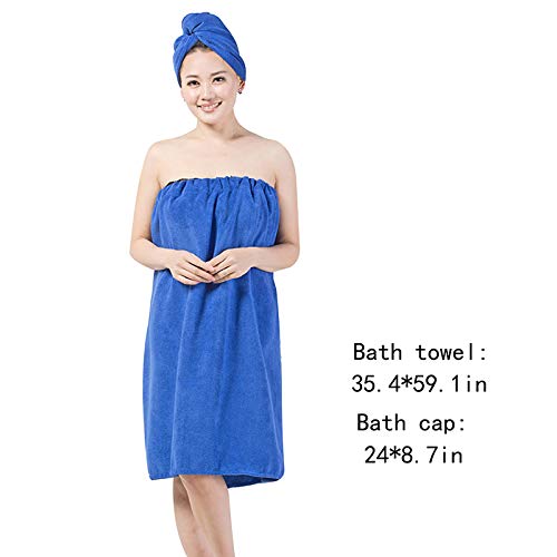 [Australia] - Queena Women Microfiber Bath Towel Wrap & Hair Turban Adjustable Spa Shower Cover Up Sapphire Blue 