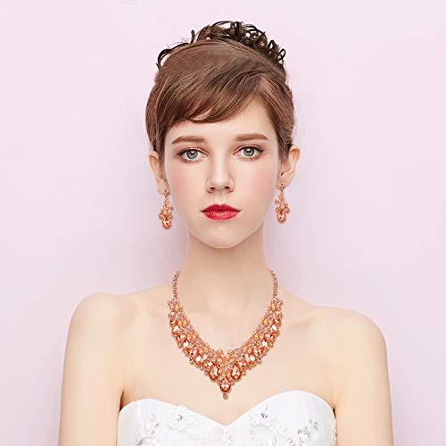 [Australia] - BriLove Wedding Jewelry Sets for Brides Rhinestone Simulated Pearl Teardrop Cluster Statement Necklace Dangle Earrings Peach Morganite Color Rose-Gold-Tone 