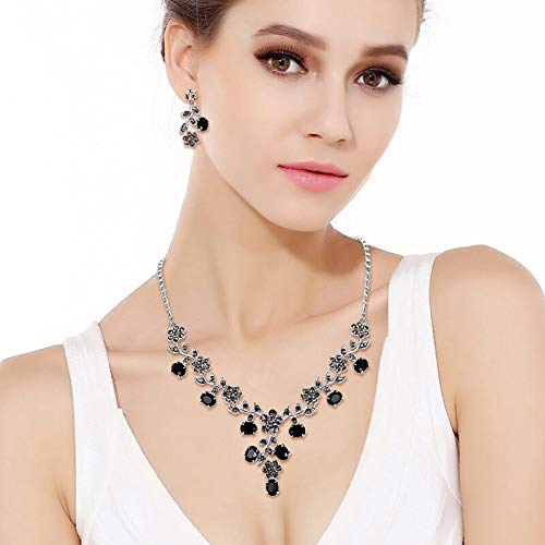 [Australia] - EVER FAITH Flower Leaf Necklace Earrings Set Austrian Crystal 2-Black Silver-Tone 