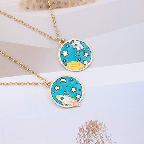 [Australia] - 4PCS One Set Blue White Astronaut Spaceman 18K Gold Plated Round Universe Rocket Charm Pendant Necklace 