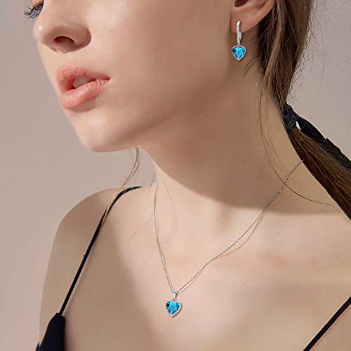 [Australia] - EleQueen 925 Sterling Silver Cubic Zirconia Love Heart Bridal Pendant Necklace Leverback Earrings Set Aquamarine Color 