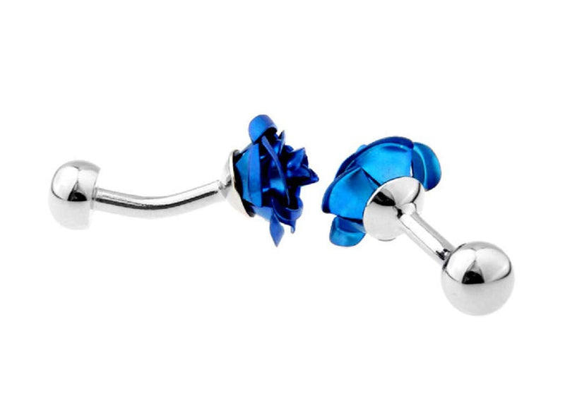 [Australia] - MRCUFF Rose Flower Blue Pair of Cufflinks in a Presentation Gift Box with a Polishing Cloth 