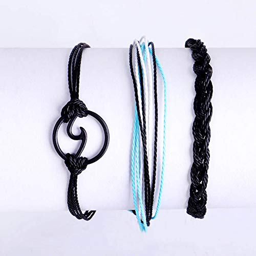 [Australia] - SOFTONES Boho Rope Ankle Bracelets for Women Waterproof Adjustable Braided Anklets for Teen Girls - Turtle|Wave|Beads|Infinite|Starfish|Boat Anchor 3pcs-Anklet#3-Black Wave 