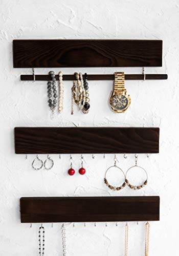 [Australia] - Rustic Jewelry Display Organizer for Wall – Wall Mounted Jewelry Holder Organizer with Removable Bracelet Rod and 24 Hooks – Perfect Earrings, Necklaces and Bracelets Holder – Dark Brown 