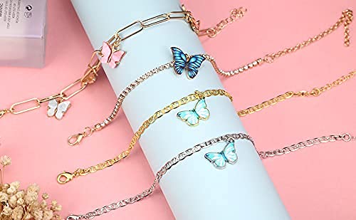 [Australia] - hefanny 14 Pcs Evil Eyes Butterfly Crysta Sparkly Luck Anklet Bracelets Set for Women Gold Boho Beach Anklets Chain Adjustable Foot and Hand Adjustable Chain Jewelry for Girls 1 