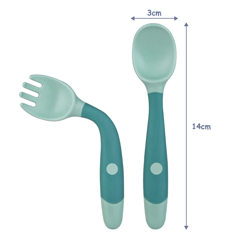 [Australia] - Vicloon Baby Fork and Spoon Set, 4pcs Baby Cutlery Feeding Set Toddler Utensils Spoons Forks, Silicone Self Feeding Utensil Easy Grip Toddler Cutlery Kit for Infant weaning and Learning to Use Cutlery Blue-green 