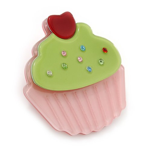 [Australia] - Avalaya Baby Pink/Lime Green Austrian Crystal Acrylic 'Cupcake' Pin Brooch - 40mm Across 