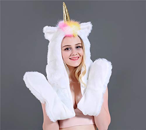 [Australia] - Faux Fur Unicorn Hat Scarf Gloves Light Up Mittens 3-in-3 Function Furry Hoodie Flashing Control LED light 