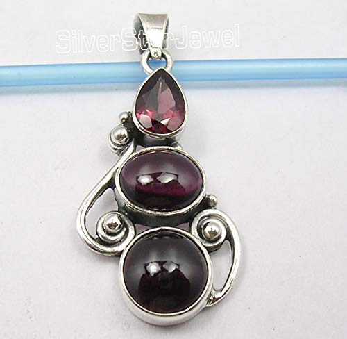 [Australia] - SilverStarJewel Solid Sterling Silver Cabochon Garnet 3 Stone Pendant 1.6" Fashion Wholesale 