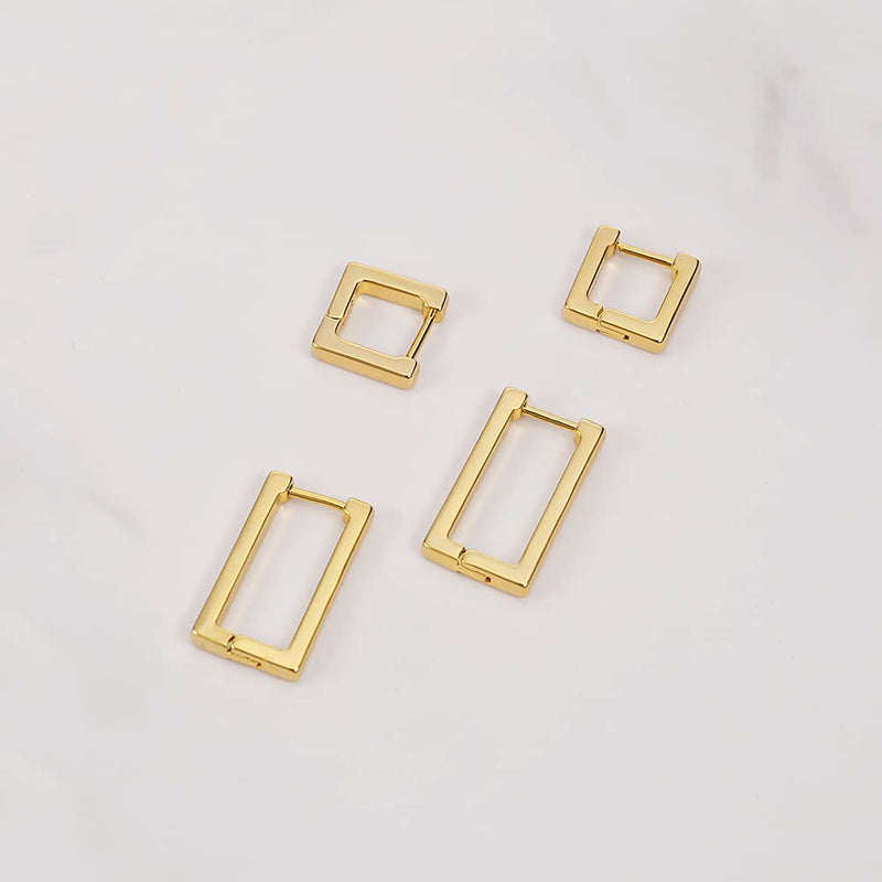 [Australia] - 2 Pairs 14K Gold Plated Minimalist Hoop Earrings Small Dainty Geometric Square and Rectangle Huggies Hoops for Girls Women Gift, gold, silver and black 