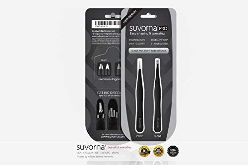 [Australia] - Suvorna 4" Precision Aligned Professional Tweezers Color Sets with Premium Stainless Steel. One Sharp Pointed Pair and One Slant Tip Pair for Eyebrow Shaping. Great for Ingrown Hair (Black) Black 