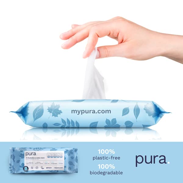 [Australia] - Pura Flushable Baby Wipes 100% Plastic Free, 99% Water, Suitable for Sensitive Skin & Eczema Prone Skin, Biodegradable, 70 Wipes Flushable (70 Wipes) 