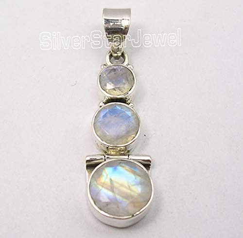 [Australia] - SilverStarJewel 925 Solid Silver Rainbow Moonstone 3 Stone Necklace Pendant 1.5" 