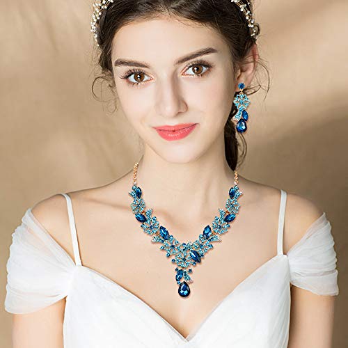 [Australia] - Flyonce Women's Crystal Jewelry Set, Flower Teardrop Necklace Earrings Set for Wedding Bridal Sea Blue Gold-Tone 