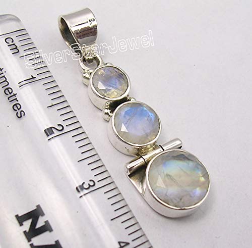 [Australia] - SilverStarJewel 925 Solid Silver Rainbow Moonstone 3 Stone Necklace Pendant 1.5" 