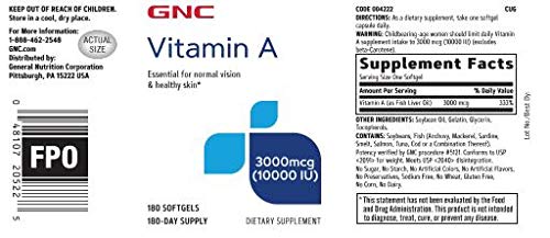 [Australia] - GNC Vitamin A 3000mcg (10000IU), 180 Softgels, Promotes Normal Vision and Healthy Skin 