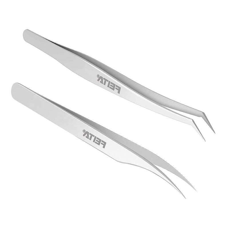 [Australia] - Volume Eyelash Extension Tweezers - FEITA Professional Stainless Steel Angled Curved Pointy Precision Tweezer Set for Single Lash, 3D-6D Volume Lashes, Hair Removal (2 Pcs) 