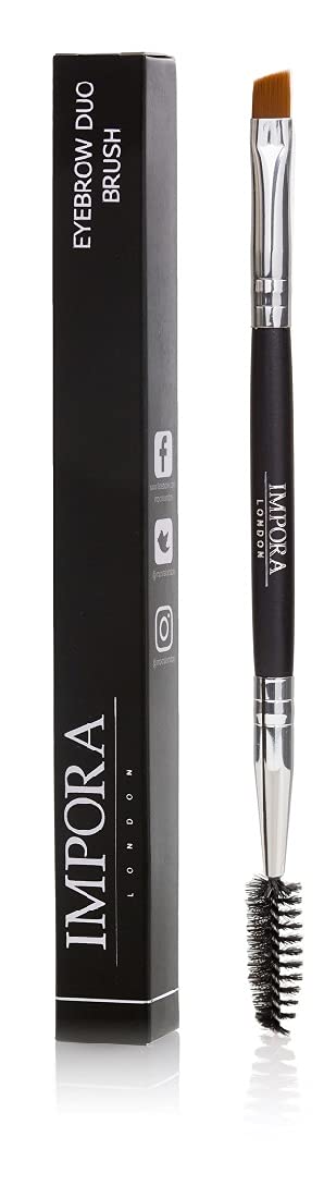 [Australia] - Duo Eyebrow Brush & Spoolie by Impora London. Flat, Angled Brush Perfect for Lining / Shaping Brows. Use with Gel, Cream or Powder Colours. Spoolie for Brows or Lashes. Black 