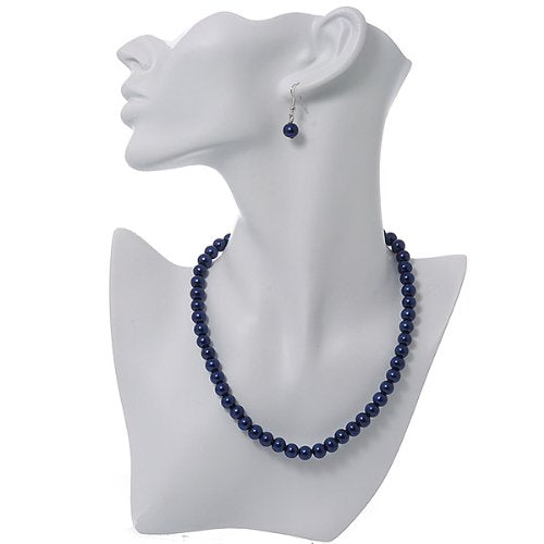 [Australia] - Violet Blue Glass Bead Necklace & Drop Earring Set In Silver Metal - 38cm Length/ 4cm Extension 