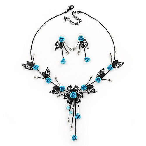 [Australia] - Delicate Y-Shape Blue Rose Necklace & Drop Earring Set In Black Metal 