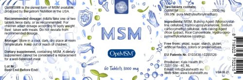 [Australia] - Kala Health - OptiMSM Tablets 1000 mg - MSM (Methylsulfonylmethane) Supplement - Pure Natural Sulphur for Joints, Skin, Hair & Nails, Produced in The USA (60) 60 