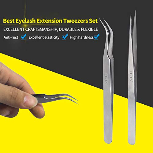 [Australia] - Best Eyelash Extension Tweezer Set - FEITA Pro Straight & Curved Pointy Precision Fine Tip Tweezers for Lash Extensions - Silver - 2Pcs 