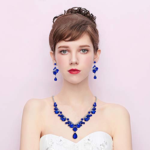 [Australia] - BriLove Women's Wedding Bridal Crystal Geometric Cluster Statement Necklace Dangle Earrings Set Royal Blue Silver-Tone 