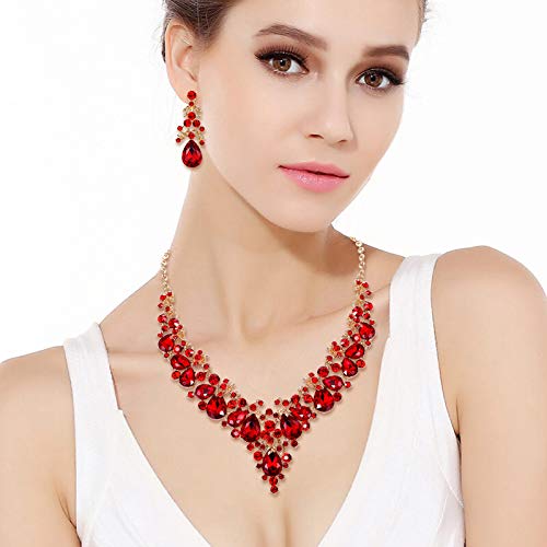 [Australia] - EVER FAITH Women's Crystal Elegant Bridal Floral Cluster Teardrop Statement Necklace Earrings Set Red Gold-Tone 